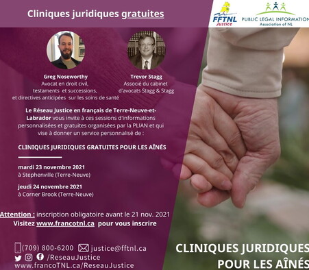 Cliniques juridiques gratuites et en personne pour les aîné(e)s à Corner Brook et Stephenville les 23 et 24 novembre prochains